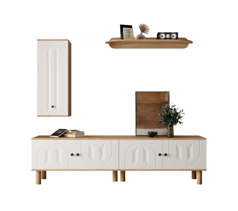 Ensemble Meuble TV, Meuble TV Avec Armoire Et Étagère Murale, Poignées Noires, Blanc Et Bois