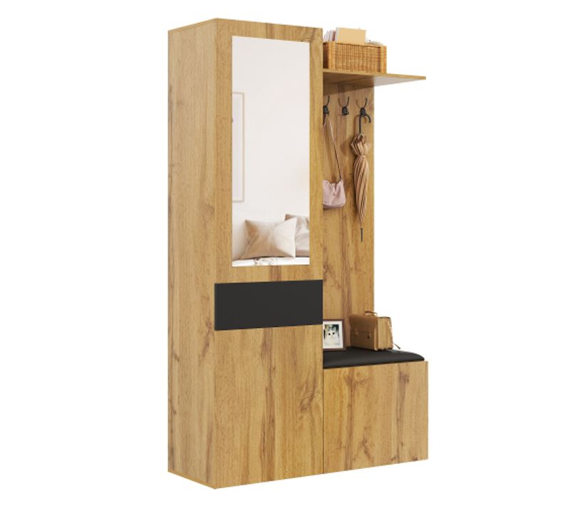 Vestiaire D'entrée Bois Avec Armoire à Chaussures, 5 Patères, Miroir, Armoire, 1 Tiroir, Banc Noir