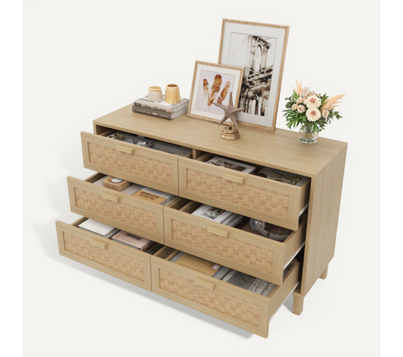 Commode à 6 Tiroirs Avec Dessus En Rotin, Poignées Et Pieds En Bois, Pour Salons, Cuisines