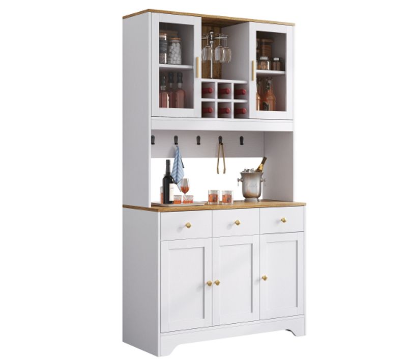 Buffet De Cuisine, Buffet Blanc Et Bois Avec 5 Portes, 3 Tiroirs, Casier à Vin Et Rangement Ouvert