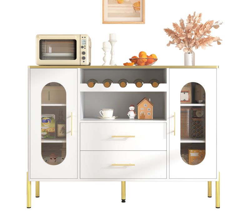Buffet De Cuisine Blanc Et Doré Avec Rangement, 2 Portes Vitrées, 2 Tiroirs, Casier à Vin