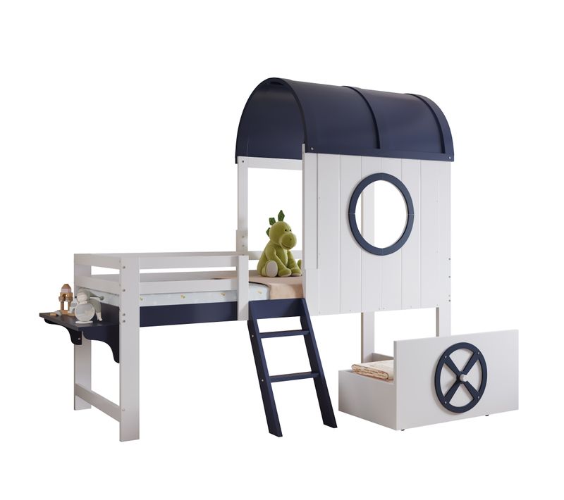 Lit Enfant Cabane 90x200cm Mi-haut Bois, Tiroir, Rangement, Échelle, Barrières, Blanc + Bleu Foncé