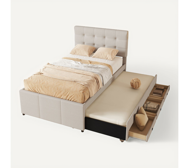 Lit Enfant Gigogne 90x200cm Avec 3 Tiroirs De Rangement, Sommiers, En Lin Beige