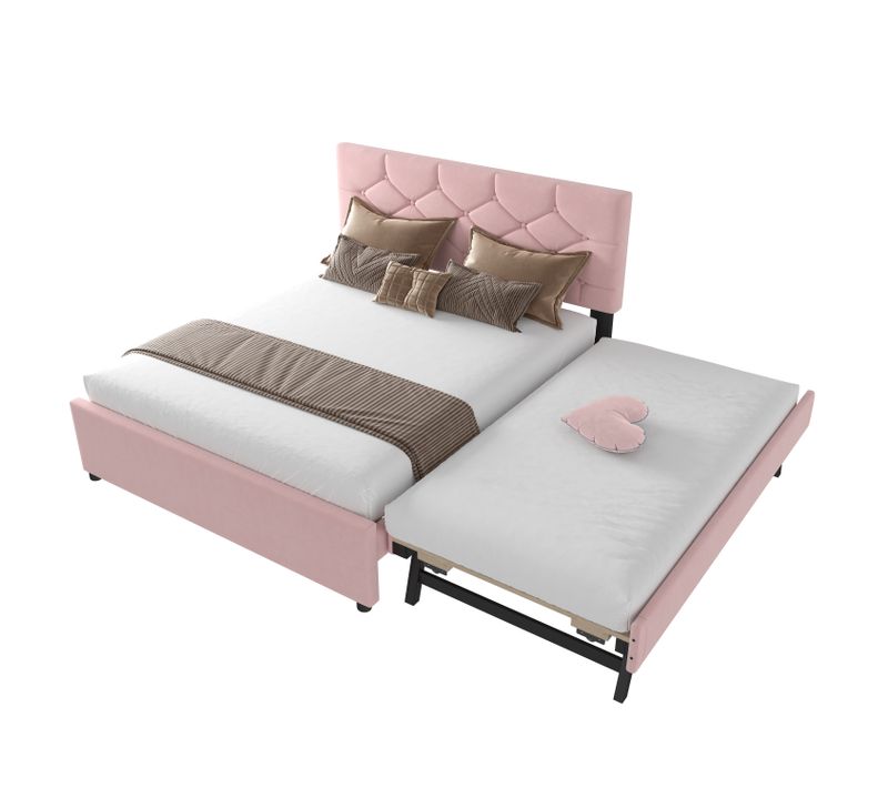 Lit Adulte 140x200 Cm Extensible, Lit Enfant Gigogne, Velours Rose, Tête De Lit Et Sommiers