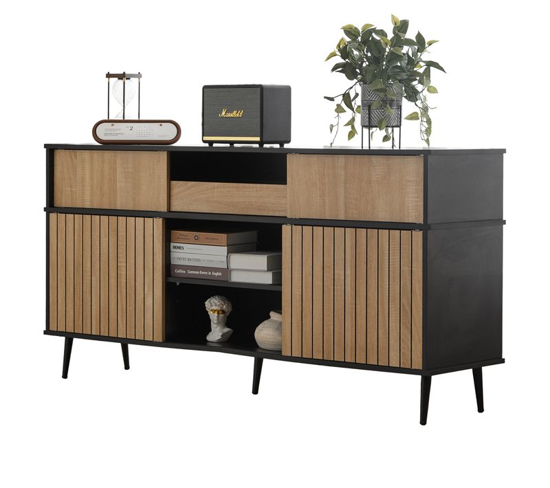 Buffet Bois Et Noir L.160cm Avec Tiroir Et 4 Portes Coulissantes, Pieds En Métal