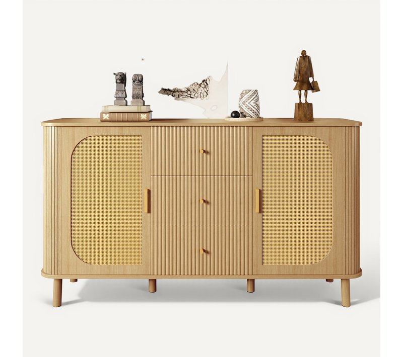 Buffet En Bois Avec 2 Portes En Rotin Et 3 Tiroirs De Rangement