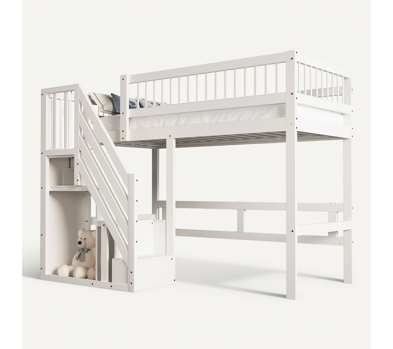 Lit Mezzanine 90x200 Cm En Bois Avec Escalier De Rangement, Placards, Blanc