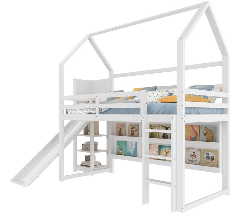 Lit Mezzanine Enfant 90x200 Cm Cabane LED Avec Glissade Toboggan Et Rangement, Bois Robuste Blanc