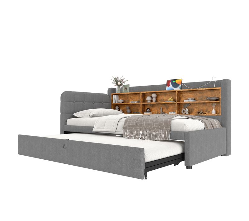 Lit Enfant Extensible 90/180x200 Cm Avec Lit Gigogne, Rangement, USB Et Type C, Lin, Gris