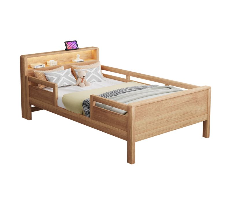 Lit Enfant 90x200cm En Pin, Tête De Lit, LED Et Port De Charge, Sécurité Et Rangement, Couleur Bois