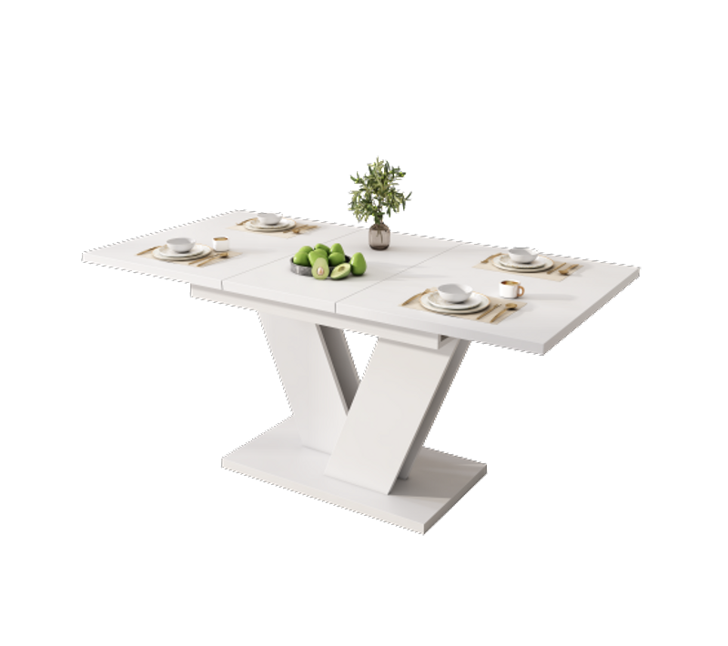 Table à Manger Rectangulaire Extensible Avec Plateau Épais, Base De Support En V, Blanche