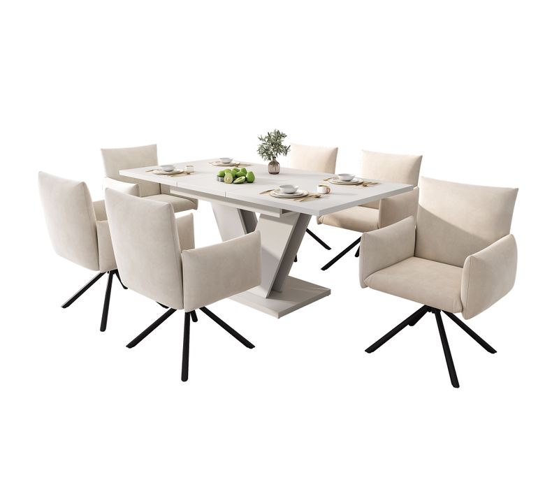 Ensemble Table Et Chaises, Table à Manger Rectangulaire Extensible Avec 6 Chaises En Velours Beige