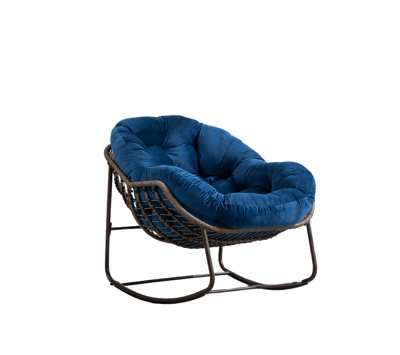 Rocking Chair En Rotin Synthétique Avec Coussin Rembourré Et Cadre Acier, Bleu Marine