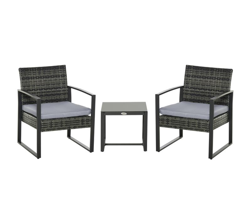 Salon De Jardin Bistrot 2 Personnes Avec Table Et Chaises En Polyrattan Noir, Coussins Gris