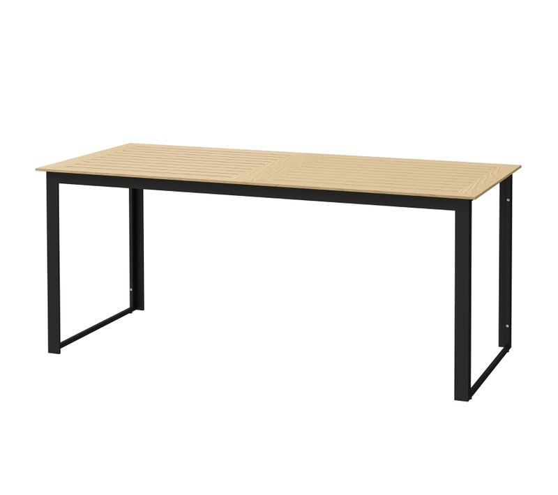 Table De Jardin Rectangulaire Métal Noir Avec Plateau Effet Bois à Lattes, 6 Personnes