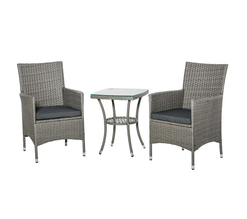 Salon De Jardin Bistrot 3 Pièces En Rotin Synthétique Avec Table En Verre, Métal Et Aluminium