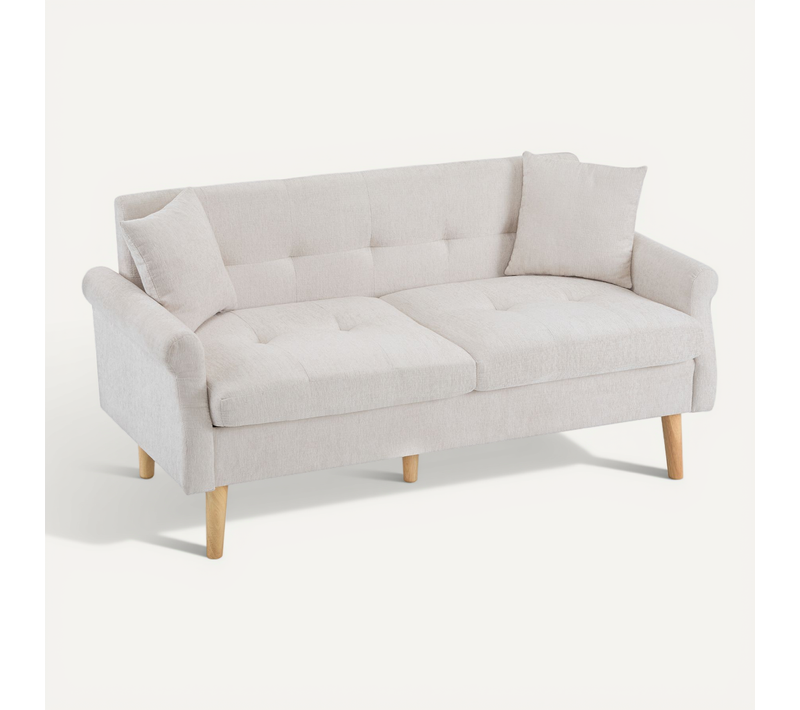 Canapé 2 Places En Tissu Chenille Beige Doux Avec Pieds En Bois Pour Petit Salon