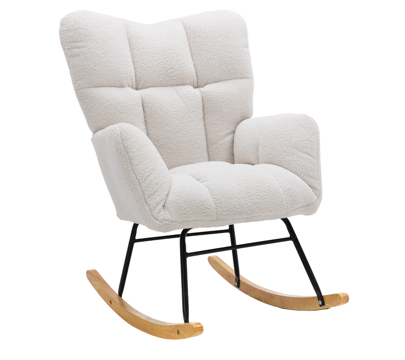 Fauteuil à Bascule Rocking-chair, Cofort,design Simple,mousse,bois,métal ,tissu Teddy,blanc