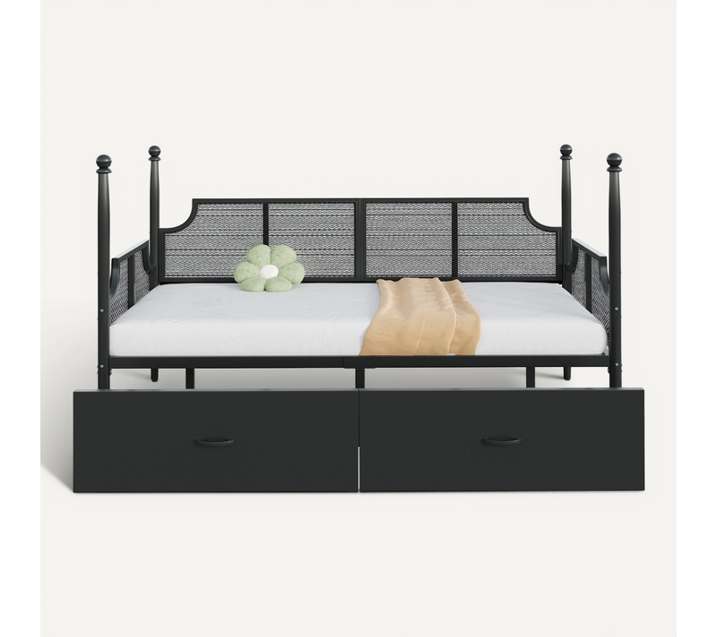 Lit 90x200cm,lit Simple,lit Enfant,vintage,2 Tiroirs,sommier,cadre En Métal,noir