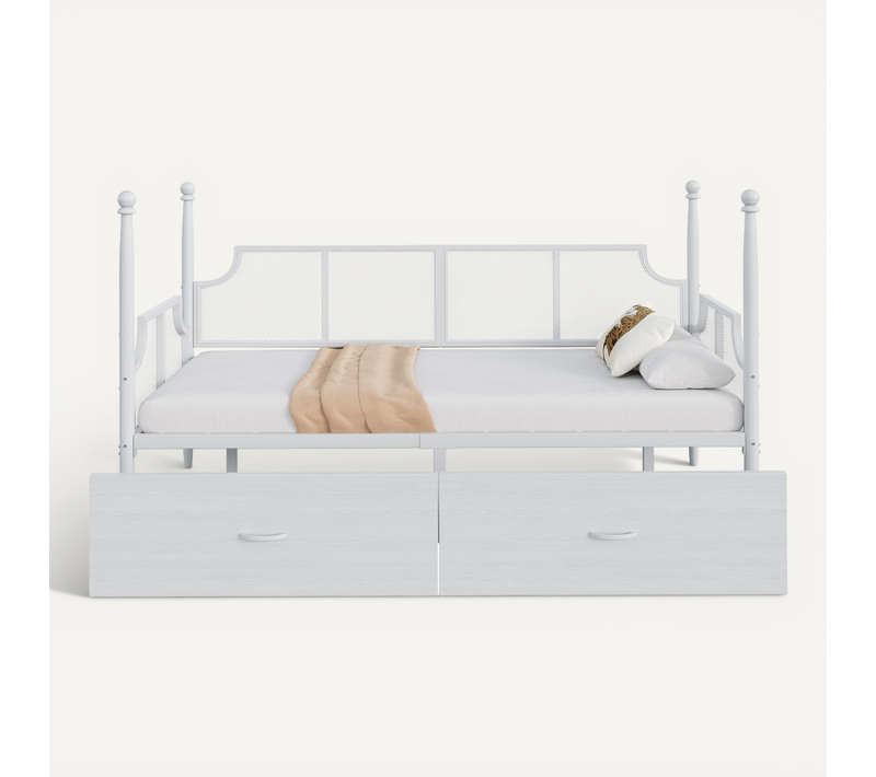 Lit 90x200cm,lit Simple,lit Enfant,vintage,2 Tiroirs,sommier,cadre En Métal,blanc