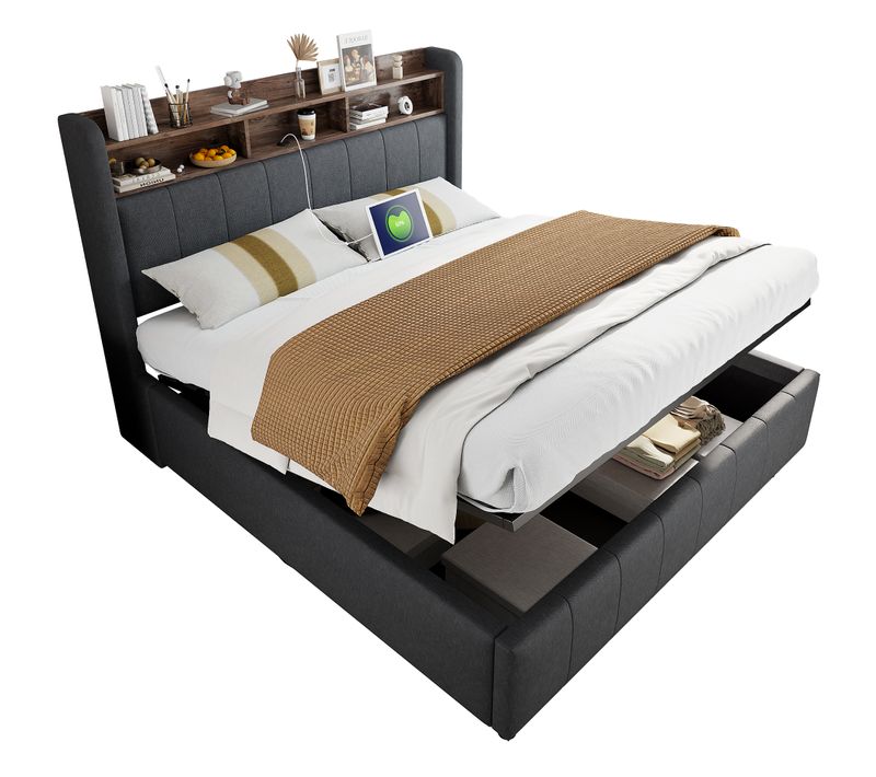 Lit Coffre160x200cm,2 Places,led,usb,moderne,tête De Lit Avec Rangement,lin,gris