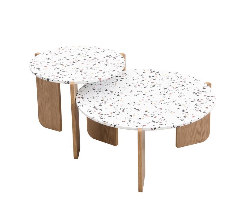 Table Basse Gigogne Ronde 2 Pièces En Mdf, Design Artistique, Blanc Et Bois, Salon Chambre Balcon