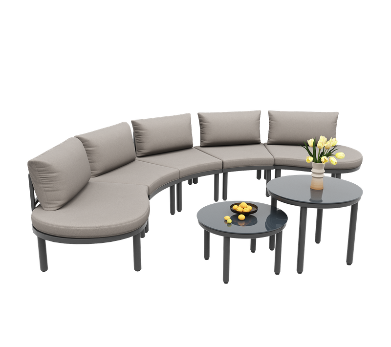 Salon De Jardin 5 Pl, Canapé Arrondi 5 Modules, 2 Tables Verre Trempé, Fer Galvanisé, Coussins Gris