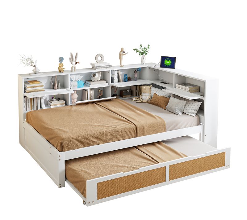 Lit Adulte 140x200 Cm Avec Lit Enfant Gigogne 90x190, Bois Blanc, Rangement Et Prises De Charge