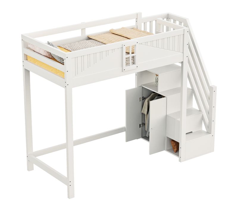 Lit Mezzanine Enfant 90x200 Cm Avec Escalier De Rangement Modulable, Design Sécurisé