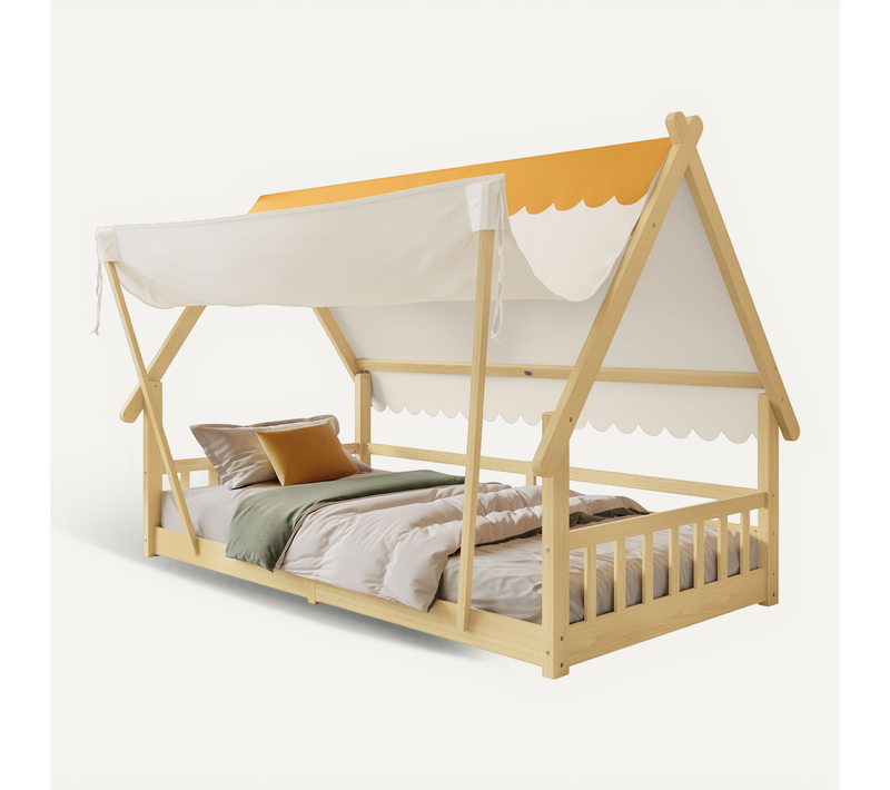 Lit Cabane Enfant 90x200 Cm, Avec Barrières De Sécurité Et Sommier à Lattes, Coloris Naturel