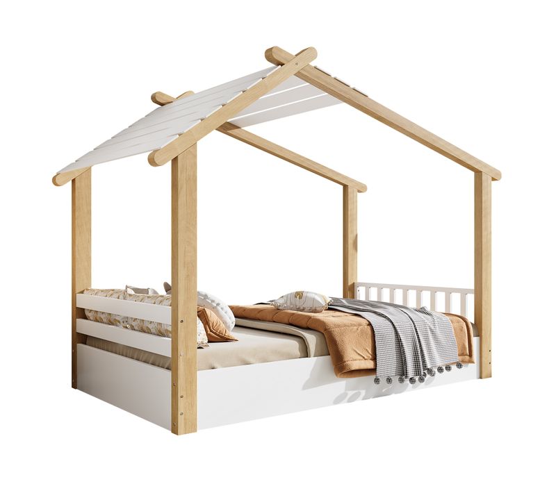 Lit Cabane Enfant 90x200cm, Design Cabane En Rondins, Sommier à Lattes, Coloris Naturel/blanc