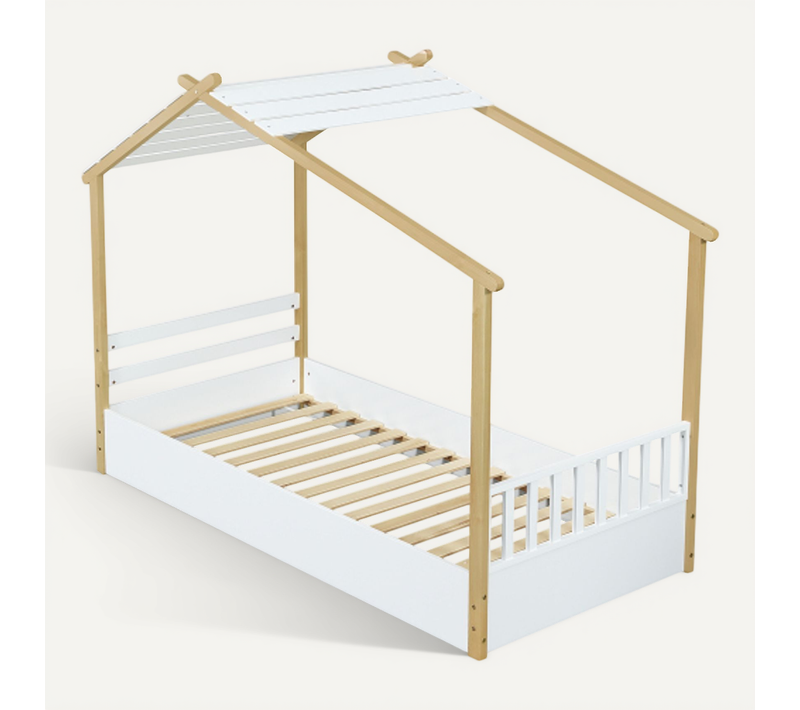 Lit Cabane Enfant 90x190 Cm, Design Cabane En Rondins, Sommier à Lattes, Coloris Naturel/blanc