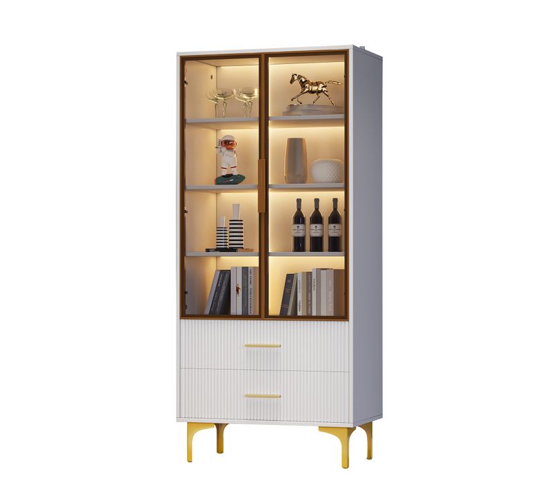 Vitrine Blanc En Verre Avec LED, 3 Étagères Réglables Et 2 Tiroirs – Meuble De Rangement H.150cm