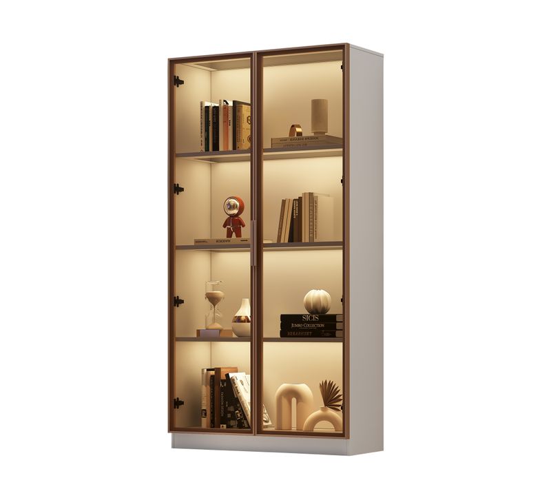 Vitrine Blanc LED En Verre H.160cm, 2 Portes Vitrées Et Étagères Réglables, Design Moderne