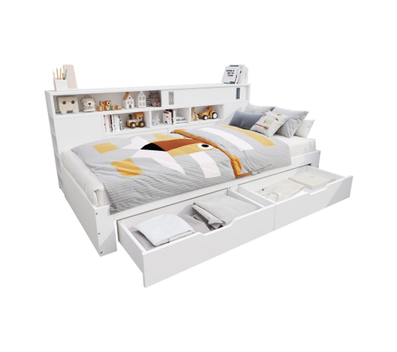 Lit Enfant 90x200 Cm, Lit Simple Avec 2 Tiroirs, Bibliothèque, Meuble De Rangement, Blanc