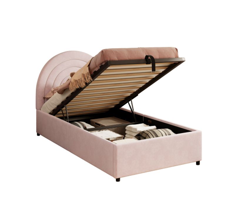 Lit Coffre Enfant 90x200 Cm, Lit Simple, Avec Sommier à Lattes Et Tête De Lit, En Velours, Rose