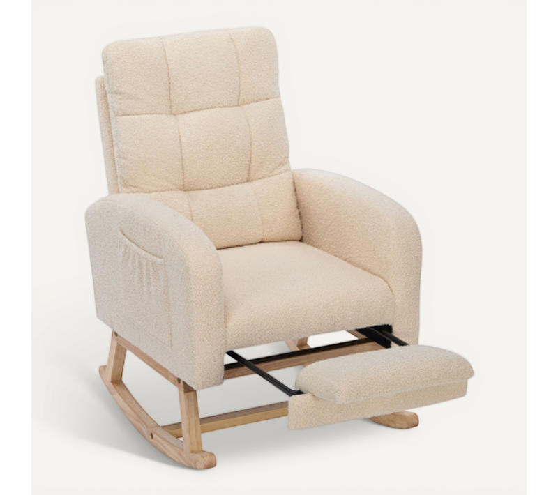 Rocking Chair, Fauteuil à Bascule En Teddy Avec Poches Latérales, Repose-pieds Dissimulé, Beige