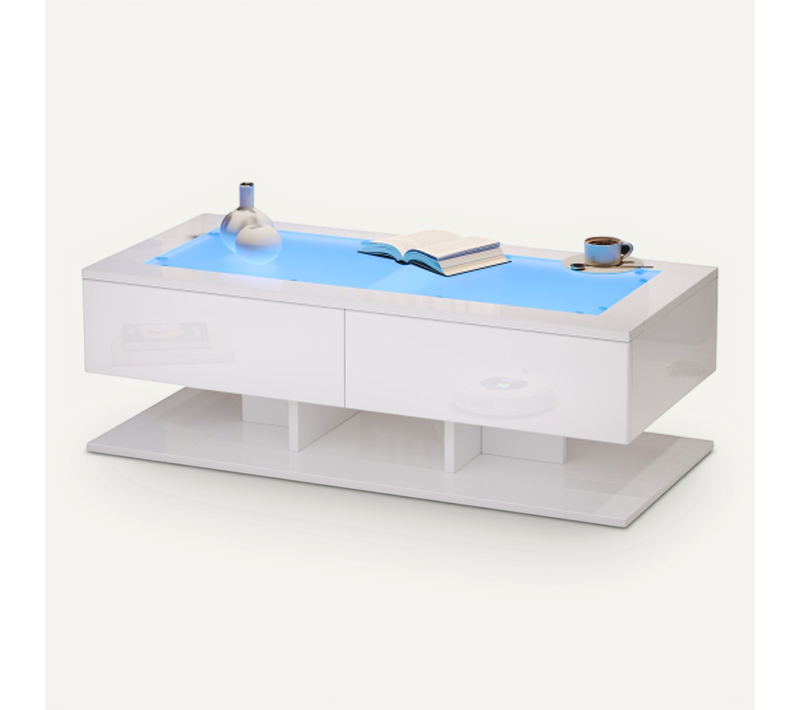Table Basse Rectangulaire Blanche Avec 2 Tiroirs, Éclairage LED, Plateau En Verre