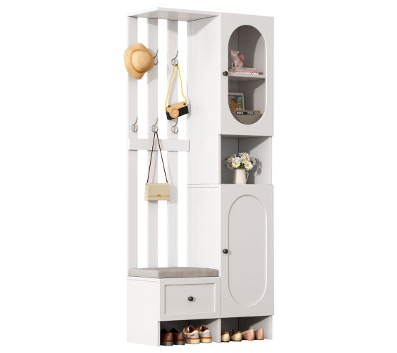 Vestiaire D'entrée Blanc Avec Tiroir, 2 Portes, 6 Patères, Compartiment Ouvert, Banc à Chaussures