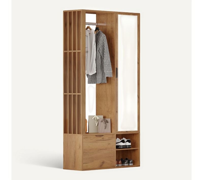 Vestiaire D'entrée Bois Avec Armoire Ouverte, Miroir Et Armoires De Rangement