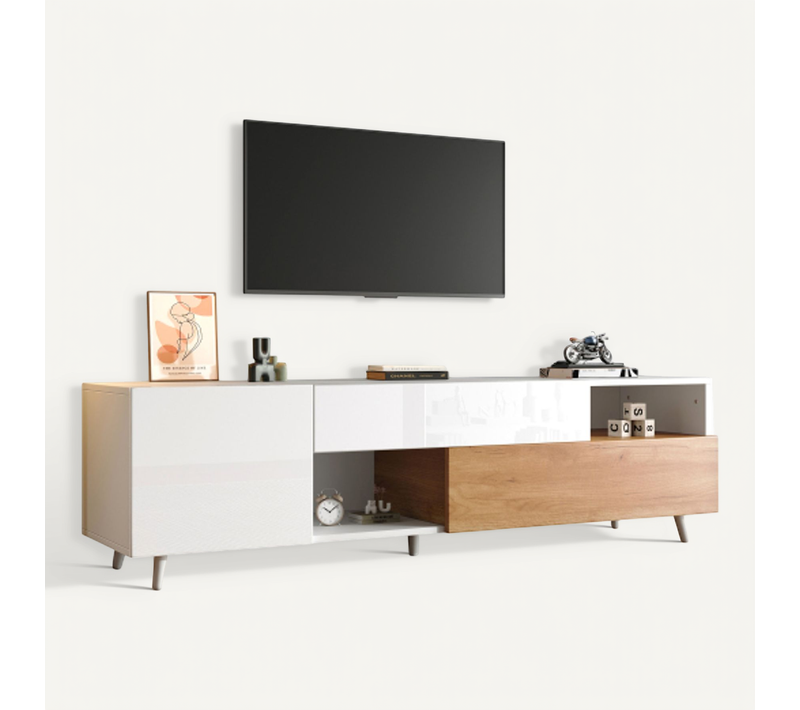 Meuble TV Blanc Et Bois, Avec 2 Portes Et 1 Tiroir, Compartiments De Rangement Ouverts