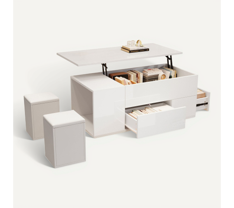 Table Basse Relevable Rectangulaire Blanche Avec LED, 2 Tiroirs, Tabourets, Rangement Caché