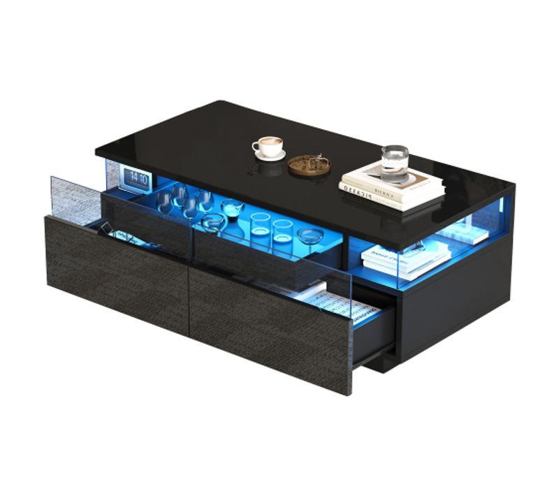 Table Basse Rectangulaire Noire Lumineuse Avec Éclairage LED, 2 Tiroirs, Dosseret En Acrylique