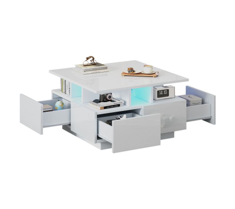 Table Basse Carrée Blanche Brillante Avec Éclairage LED, 4 Tiroirs, Compartiments Ouverts