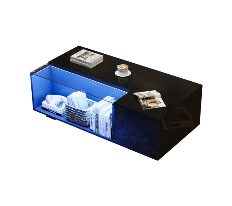 Table Basse Rectangulaire Noire Brillante Avec LED, Plateau En Verre Partiellement Trempé, 2 Tiroirs