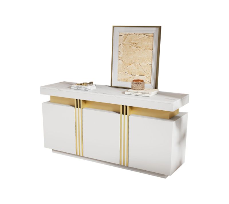 Buffet De Salon, Buffet Blanc Avec 3 Portes, Étagères Réglables, Sans Poignées, Finition Dorée