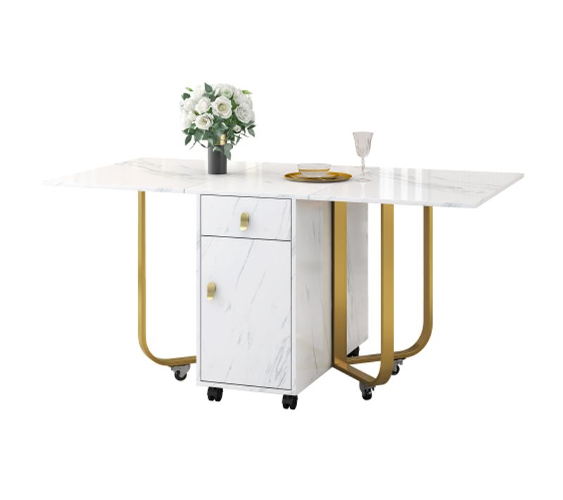 Table à Manger Pliante Avec Rangement Et 2 Tiroirs, 4 Pieds De Support, Avec Poulie, Blanc Et Doré