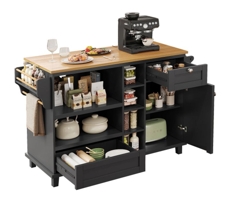 Desserte De Cuisine, Chariot De Cuisine Mobile Avec 2 Tiroirs, Plan De Travail En Bois Marron Clair