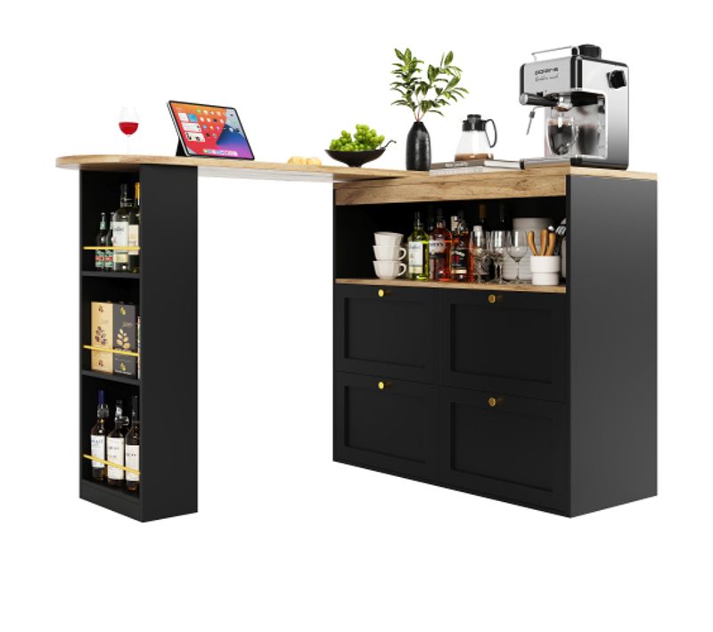 Table De Bar Pivotante à 360°, 105x39x102, Avec 4 Tiroirs Et Étagères Ouvertes, Noir