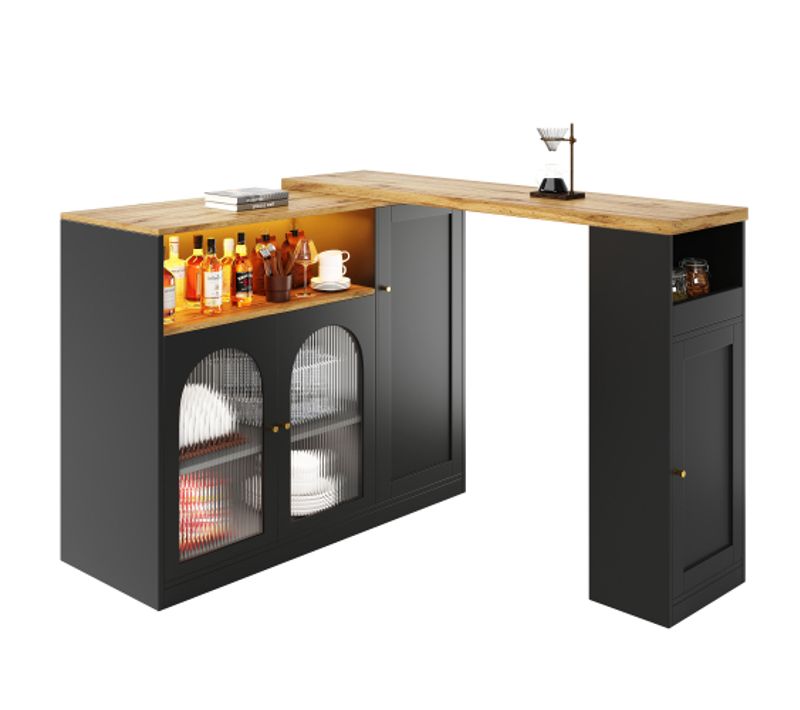 Table De Bar Pivotante à 360°, 198x39,6x97 Cm, Avec Porte Vitrée Et LED, Cave à Vin, Noir